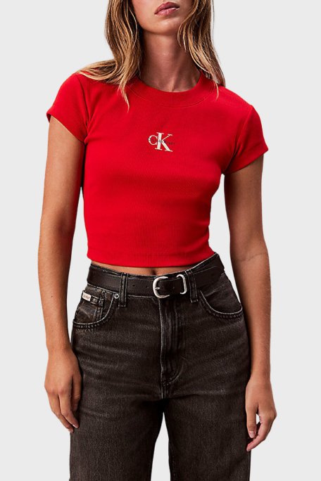 Calvin Klein Fitilli Pamuklu Slim Fit Bisiklet Yaka Crop LV047AB802VMT Bayan T Shirt LV047AB802 VMT KIRMIZI - Calvin Klein