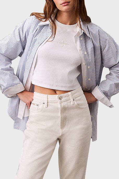 Calvin Klein Fitilli Pamuklu Slim Fit Bisiklet Yaka Crop LV047AB802YAA Bayan T Shirt LV047AB802 YAA BEYAZ - Calvin Klein