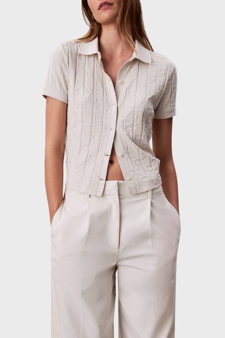 Calvin Klein Jakarlı Logolu Regular Fit Klasik Yaka Kısa Kollu LV044D209G67U Bayan Gömlek LV044D209G 67U TAŞ - Calvin Klein