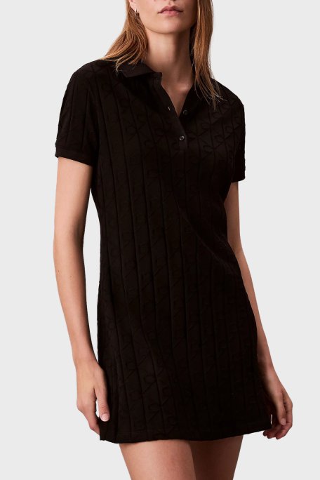 Calvin Klein Jakarlı Pamuklu Fitted Fit Mini Polo Yaka LV044D208GUB1 Bayan Elbise LV044D208G UB1 SİYAH - Calvin Klein