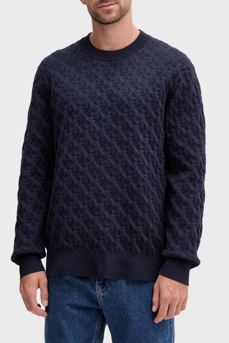 Calvin Klein Kabartmalı Logolu Pamuklu Relaxed Fit Bisiklet Yaka LV04RC359GDYF Erkek Kazak LV04RC359G DYF LACİVERT - Calvin Klein