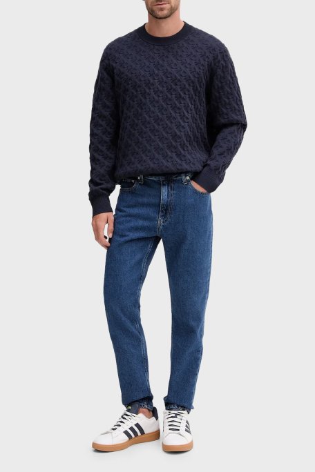 Calvin Klein Kabartmalı Logolu Pamuklu Relaxed Fit Bisiklet Yaka LV04RC359GDYF Erkek Kazak LV04RC359G DYF LACİVERT - Calvin Klein (1)