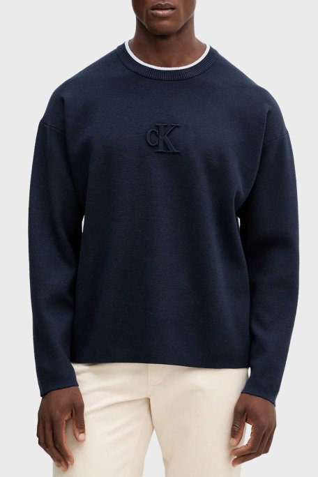 Calvin Klein Kabartmalı Logolu Regular Fit Sıfır Yaka LV04RD300GCEF Erkek Kazak LV04RD300G CEF LACİVERT - Calvin Klein