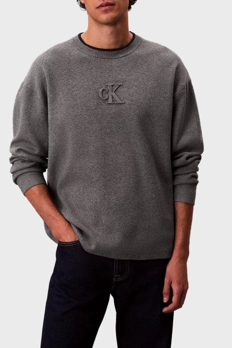 Calvin Klein Kabartmalı Logolu Regular Fit Sıfır Yaka LV04RD300GP7E Erkek Kazak LV04RD300G P7E GRİ - Calvin Klein