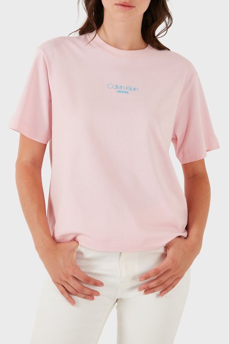 Calvin Klein Logolu % 100 Pamuk Boxy Fit Bisiklet Yaka LV047C858GW0S Bayan T Shirt LV047C858G W0S PEMBE - Calvin Klein