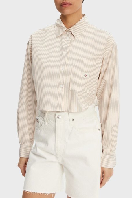 Calvin Klein Logolu % 100 Pamuk Regular Fit Crop J20J225078YAA Bayan Gömlek J20J225078 YAA BEYAZ-BEJ - Calvin Klein