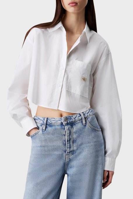 Calvin Klein Logolu % 100 Pamuk Regular Fit Crop J20J225078YAF Bayan Gömlek J20J225078 YAF BEYAZ - Calvin Klein
