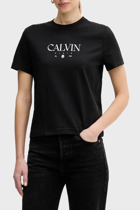 Calvin Klein Logolu % 100 Pamuk Slim Fit Bisiklet Yaka LV047E813GUB1 Bayan T Shirt LV047E813G UB1 SİYAH - Calvin Klein