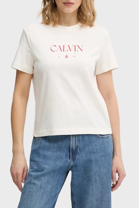 Calvin Klein Logolu % 100 Pamuk Slim Fit Bisiklet Yaka LV047E813GYBH Bayan T Shirt LV047E813G YBH KREM - Calvin Klein
