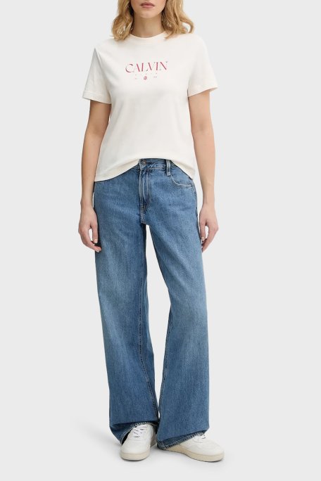 Calvin Klein Logolu % 100 Pamuk Slim Fit Bisiklet Yaka LV047E813GYBH Bayan T Shirt LV047E813G YBH KREM - Calvin Klein (1)