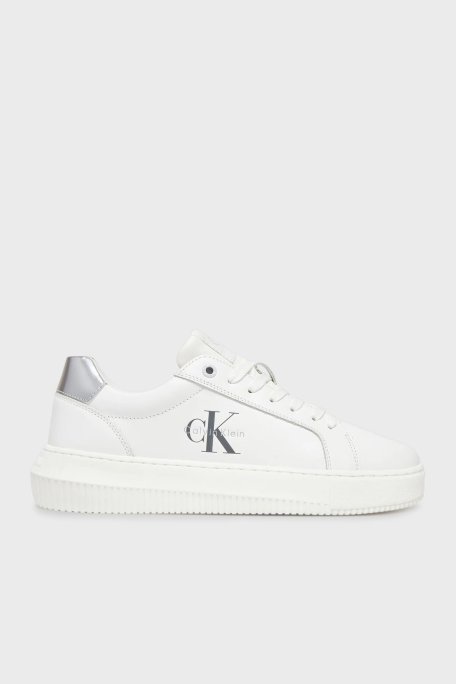 Calvin Klein Logolu Deri Sneaker YW0YW0187602R Bayan Ayakkabı YW0YW01876 02R BEYAZ-GÜMÜŞ - Calvin Klein