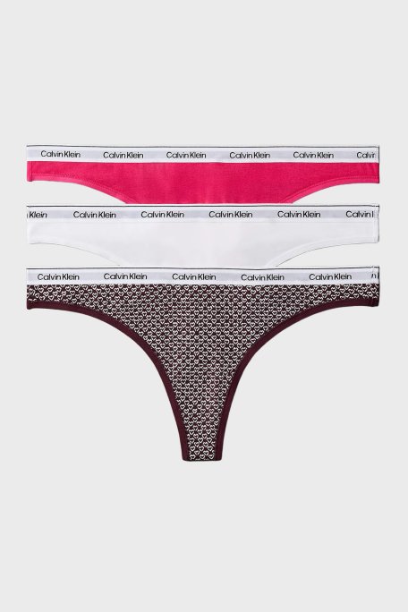 Calvin Klein Logolu Elastik Bel Bantlı Pamuklu Tanga 3 Lü 000QD5209E320 Bayan Külot 000QD5209E 320 Fuşya-Kahve-Beyaz - Calvin Klein