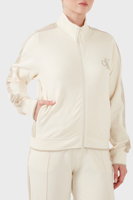 Calvin Klein Logolu Pamuklu Dik Yaka Fermuarlı Kadın Ceket LV047E226G YAC BEJ - Calvin Klein