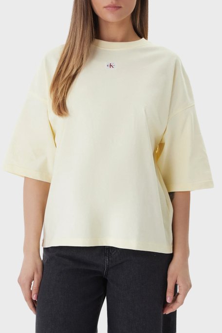 Calvin Klein Logolu Pamuklu Oversize Bisiklet Yaka LV047D204GZRK Kadın T Shirt LV047D204G ZRK KREM - Calvin Klein
