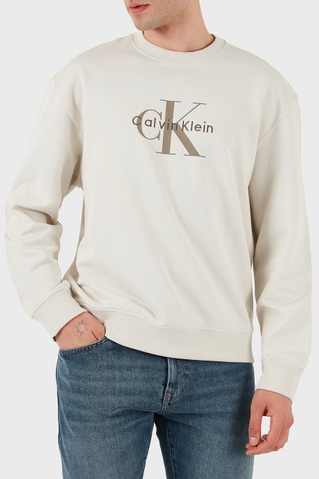 Calvin Klein Logolu Pamuklu Oversize Fit Bisiklet Yaka LV04RD242G67U Erkek Sweat LV04RD242G 67U BEYAZ - Calvin Klein