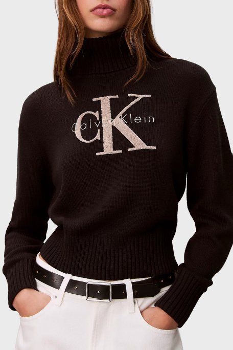 Calvin Klein Logolu Pamuklu Relaxed Fit Balıkçı Yaka LV047D354GUB1 Bayan Kazak LV047D354G UB1 SİYAH - Calvin Klein