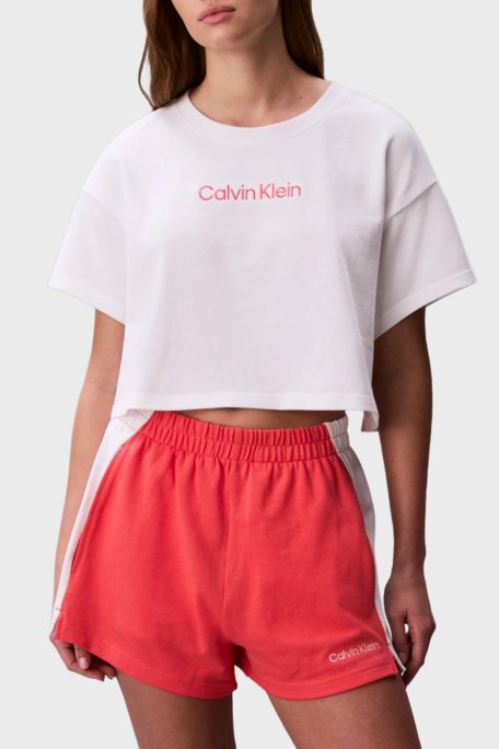 Calvin Klein Logolu Pamuklu Relaxed Fit Bisiklet Yaka LV00Q61201100 Kadın Crop LV00Q61201 100 BEYAZ - Calvin Klein