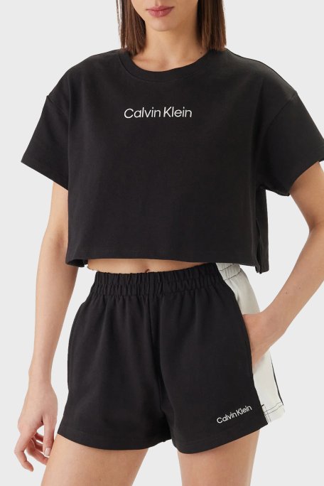 Calvin Klein Logolu Pamuklu Relaxed Fit Bisiklet Yaka LV00Q61201UB1 Bayan Crop LV00Q61201 UB1 SİYAH - Calvin Klein
