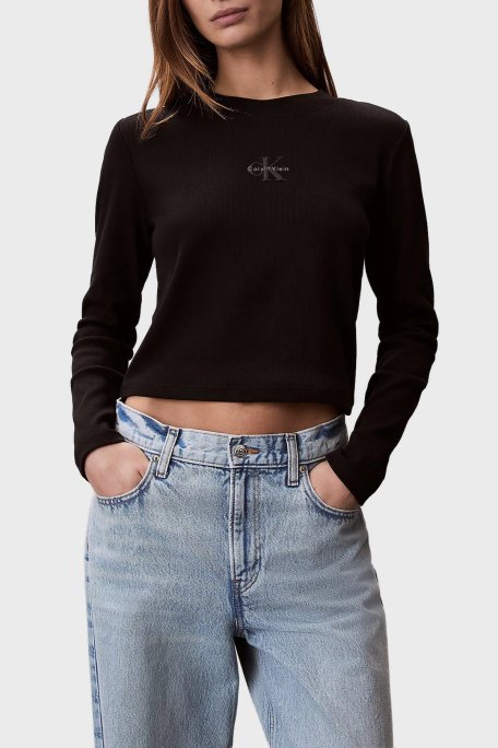 Calvin Klein Logolu Pamuklu Slim Fit Bisiklet Yaka Uzun Kollu LV047A803GUB1 Bayan T Shirt LV047A803G UB1 SİYAH - Calvin Klein