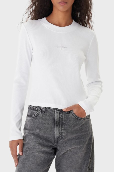 Calvin Klein Logolu Pamuklu Slim Fit Bisiklet Yaka Uzun Kollu LV047A803GYAA Bayan T Shirt LV047A803G YAA BEYAZ - Calvin Klein