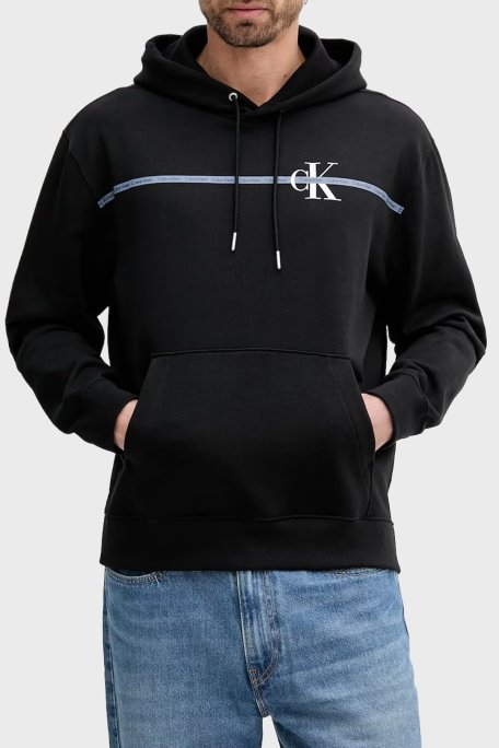 Calvin Klein Logolu Şerit Detaylı Regular Fit Kapüşonlu LV04RC289GUB1 Erkek Sweat LV04RC289G UB1 SİYAH - Calvin Klein