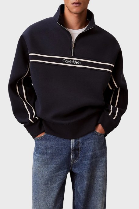 Calvin Klein Logolu Şerit Detaylı Relaxed Fit Dik Yaka LV04RE221GCEF Erkek Sweat LV04RE221G CEF LACİVERT - Calvin Klein