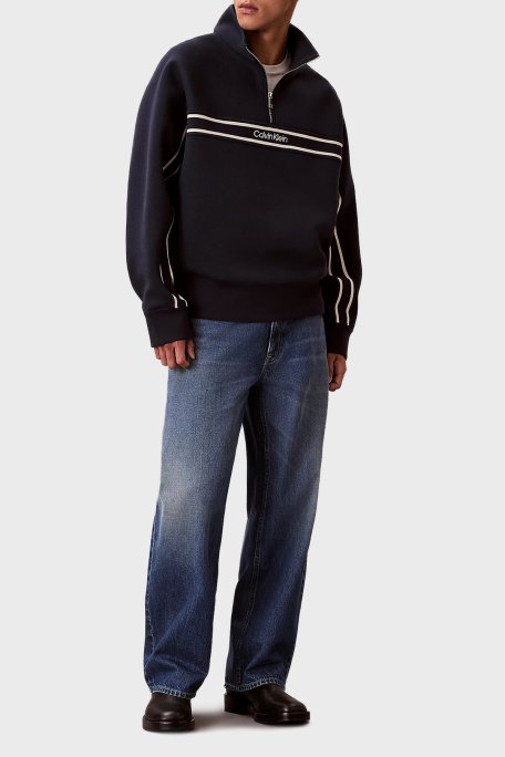 Calvin Klein Logolu Şerit Detaylı Relaxed Fit Dik Yaka LV04RE221GCEF Erkek Sweat LV04RE221G CEF LACİVERT - Calvin Klein (1)