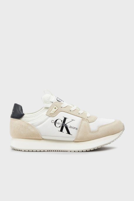 Calvin Klein Logolu Süet Detaylı Sneaker YW0YW0084003A Bayan Ayakkabı YW0YW00840 03A Beyaz-Krem - Calvin Klein