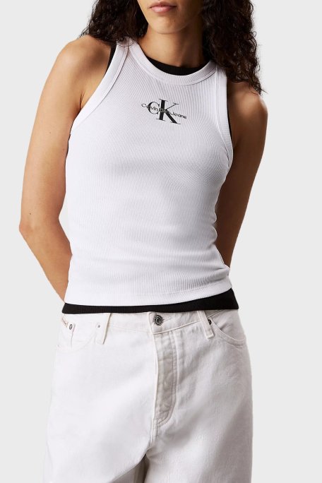 Calvin Klein Monogram Logo Baskılı Streç Pamuklu Slim Fit J20J225301YAA Bayan Top J20J225301 YAA BEYAZ - Calvin Klein