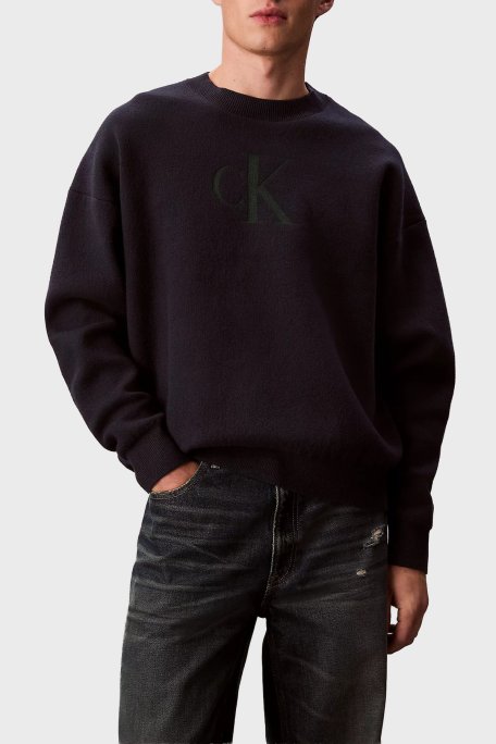 Calvin Klein Pamuk ve Kaşmir Karışımlı Relaxed Fit Logolu LV04RD305GCEF Erkek Kazak LV04RD305G CEF LACİVERT - Calvin Klein