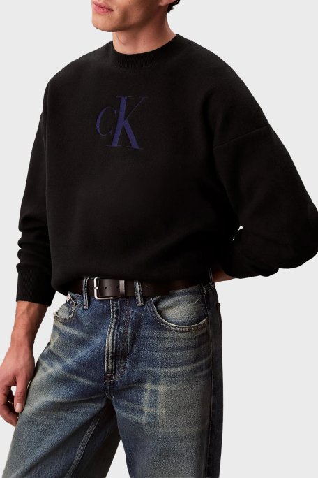 Calvin Klein Pamuk ve Kaşmir Karışımlı Relaxed Fit Logolu LV04RD305GUB1 Erkek Kazak LV04RD305G UB1 SİYAH - Calvin Klein