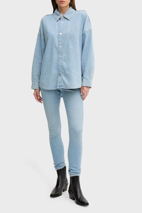 Calvin Klein Pamuk ve Keten Karışımlı Regular Fit Uzun Kollu Kot LV047C709GX1O Bayan Gömlek LV047C709G X1O İNDİGO - Calvin Klein (1)