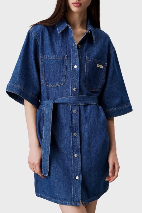 Calvin Klein Pamuklu Boxy Fit Mini Kot Gömlek J20J2251691A4 Bayan Elbise J20J225169 1A4 LACİVERT - Calvin Klein