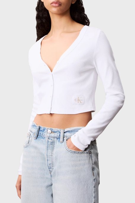 Calvin Klein Pamuklu Fitted Fit V Yaka Fitilli Kısa LV047C204GYAA Bayan Hırka LV047C204G YAA BEYAZ - Calvin Klein