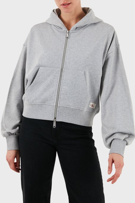 Calvin Klein Pamuklu Oversize Fit Kapüşonlu Fermuarlı Crop LV047C216GP79 Bayan Sweat LV047C216G P79 GRİ - Calvin Klein
