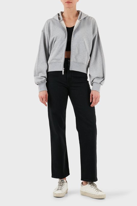 Calvin Klein Pamuklu Oversize Fit Kapüşonlu Fermuarlı Crop LV047C216GP79 Bayan Sweat LV047C216G P79 GRİ - Calvin Klein (1)