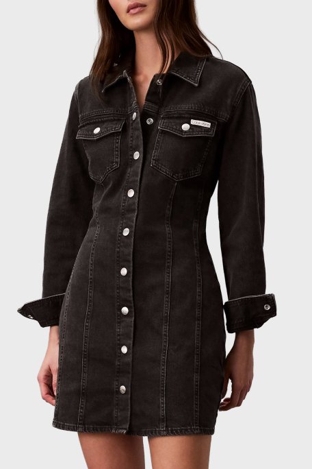 Calvin Klein Pamuklu Regular Fit Mini Boy Kot Gömlek LV047D775G846 Bayan Elbise LV047D775G 846 SİYAH - Calvin Klein