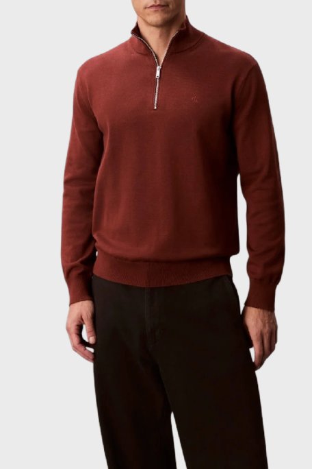 Calvin Klein Pamuklu Regular Fit Yarım Fermuarlı Dik Yaka LV040BM356XWI Erkek Kazak LV040BM356 XWI KİREMİT - Calvin Klein