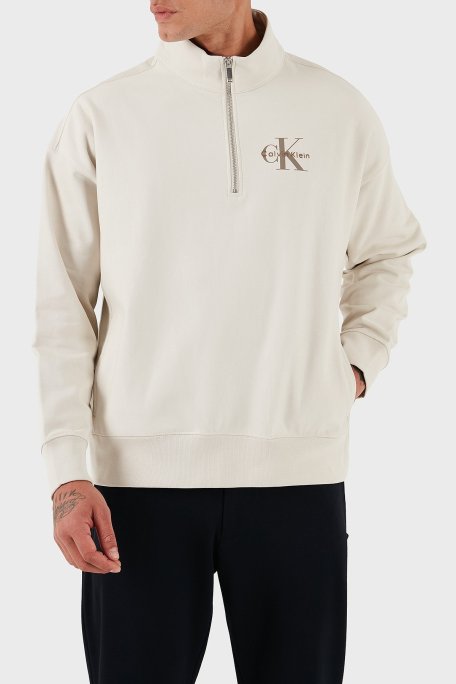 Calvin Klein Pamuklu Regular Fit Yarım Fermuarlı Dik Yaka LV04RD236G67U Erkek Sweat LV04RD236G 67U BEYAZ - Calvin Klein