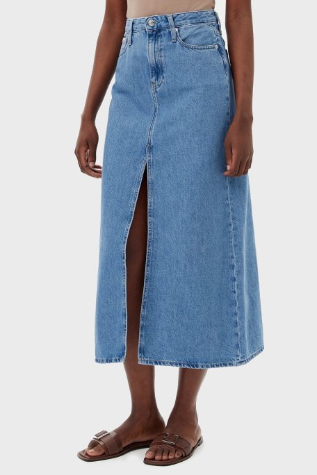Calvin Klein Pamuklu Regular Fit Yırtmaçlı Midi Boy Kot J20J2251921AA Bayan Etek J20J225192 1AA MAVİ - Calvin Klein