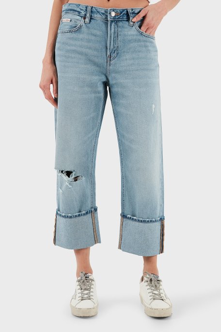 Calvin Klein Pamuklu Regular Fit Yüksek Bel Geniş Paça Jeans LV047C734GX26 Bayan Kot Pantolon LV047C734G X26 AÇIK MAVİ - Calvin Klein