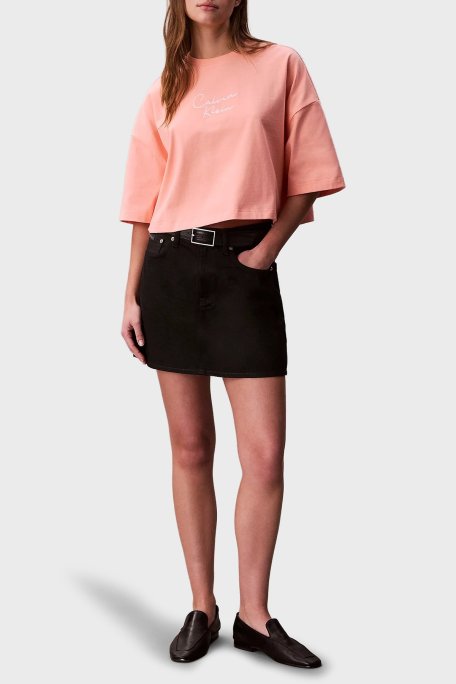 Calvin Klein Pamuklu Relaxed Fit İşleme Logolu Crop LV047C202GVDW Bayan T Shirt LV047C202G VDW Açık Turuncu - Calvin Klein (1)