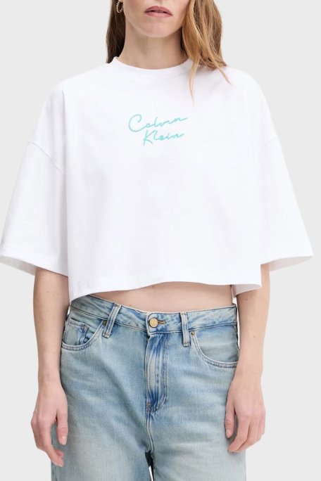 Calvin Klein Pamuklu Relaxed Fit İşleme Logolu Crop LV047C202GYAA Bayan T Shirt LV047C202G YAA BEYAZ - Calvin Klein