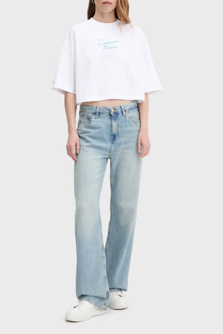 Calvin Klein Pamuklu Relaxed Fit İşleme Logolu Crop LV047C202GYAA Bayan T Shirt LV047C202G YAA BEYAZ - Calvin Klein (1)