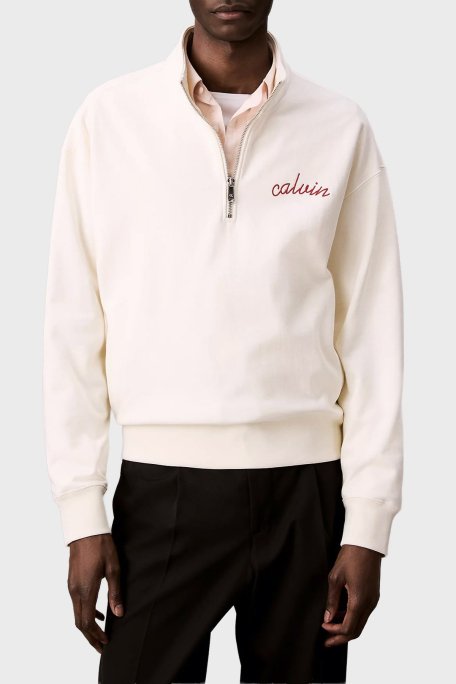 Calvin Klein Pamuklu Relaxed Fit Yarım Fermuarlı Dik Yaka LV04RC227GYAS Erkek Sweat LV04RC227G YAS BEYAZ - Calvin Klein