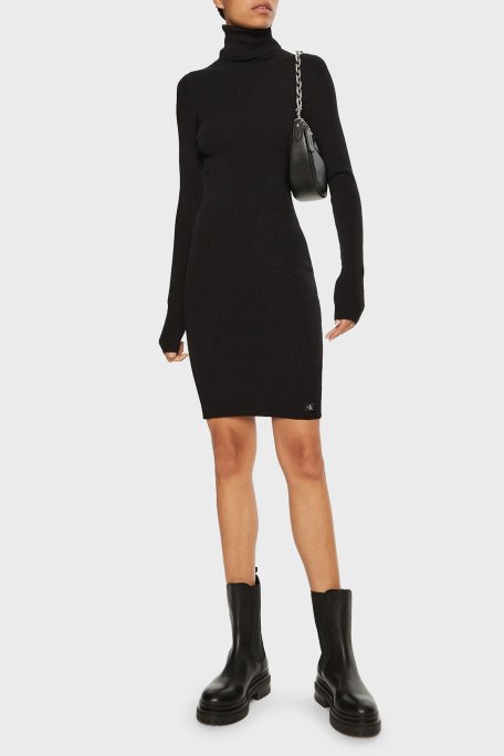 Calvin Klein Pamuklu Slim Fit Balıkçı Yaka Fitilli J20J224150BEH Bayan Elbise J20J224150 BEH SİYAH - Calvin Klein (1)