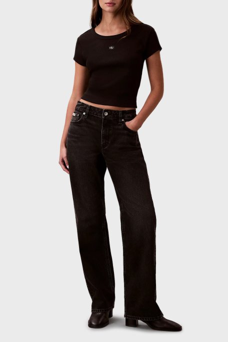 Calvin Klein Pamuklu Slim Fit Bisiklet Yaka Fitilli Crop LV047C200GUB1 Bayan T Shirt LV047C200G UB1 SİYAH - Calvin Klein (1)