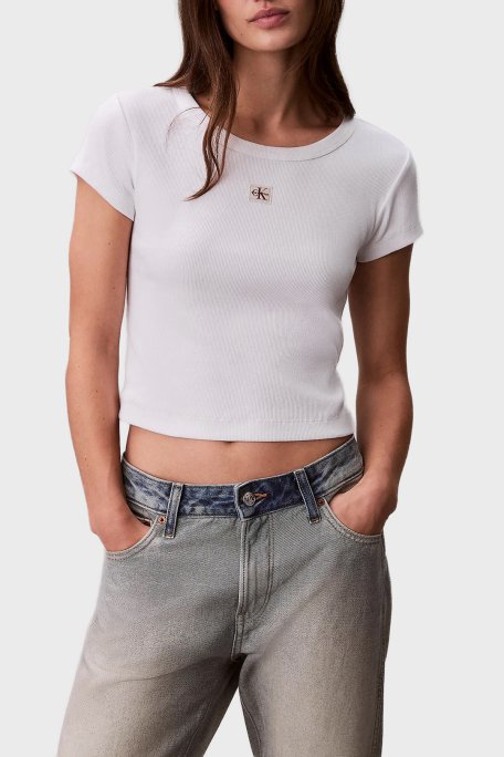 Calvin Klein Pamuklu Slim Fit Bisiklet Yaka Fitilli Crop LV047C200GYAA Bayan T Shirt LV047C200G YAA BEYAZ - Calvin Klein