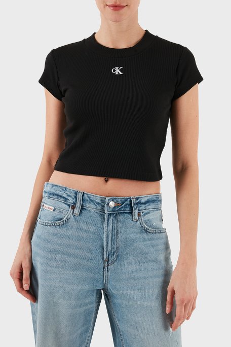 Calvin Klein Pamuklu Slim Fit Bisiklet Yaka Logolu Crop LV047C211GUB1 Bayan T Shirt LV047C211G UB1 SİYAH - Calvin Klein