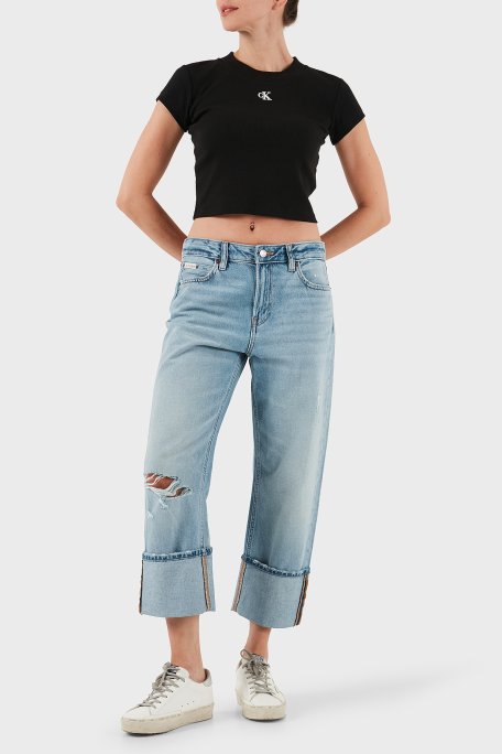 Calvin Klein Pamuklu Slim Fit Bisiklet Yaka Logolu Crop LV047C211GUB1 Bayan T Shirt LV047C211G UB1 SİYAH - Calvin Klein (1)